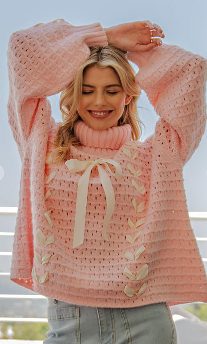 Woven Bow Turtleneck Sweater Pink