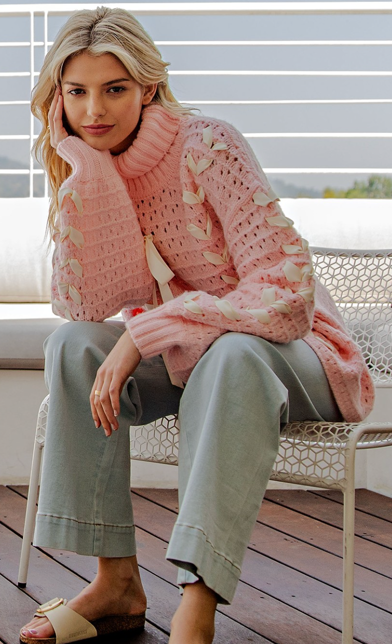 Woven Bow Turtleneck Sweater Pink