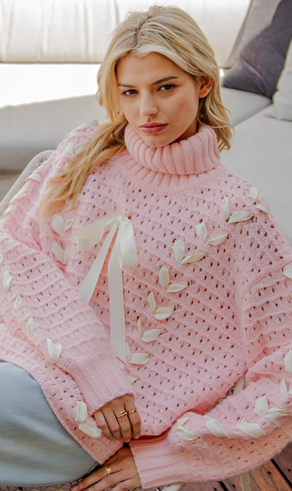 Woven Bow Turtleneck Sweater Pink