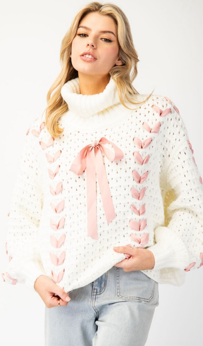 Woven Bow Turtleneck Sweater Ivory