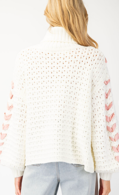 Woven Bow Turtleneck Sweater Ivory