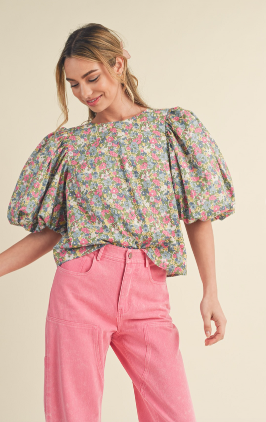 Floral Open Back Puff Sleeve Top