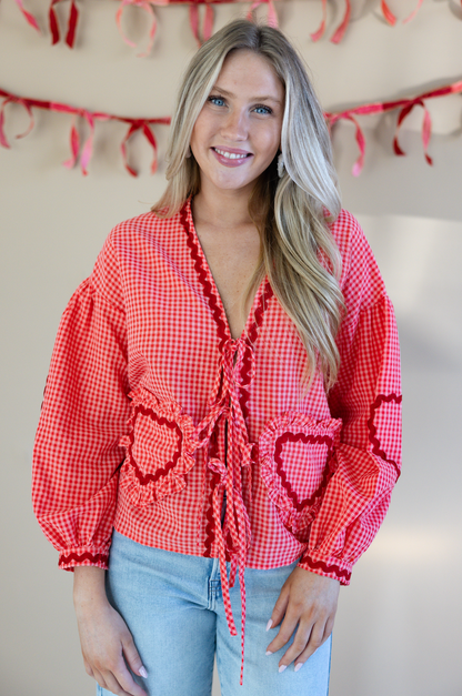 Plaid Heart Pocket Tie Top Red