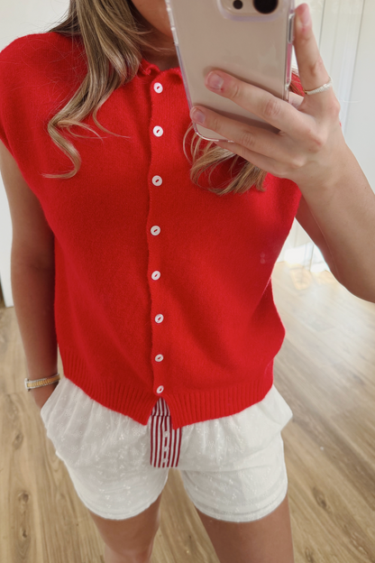 Short Sleeve Button Sweater Red