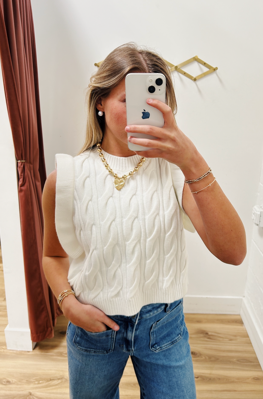 White Ruffle Sleeve Knit Top