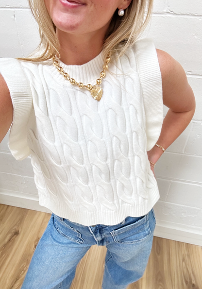 White Ruffle Sleeve Knit Top