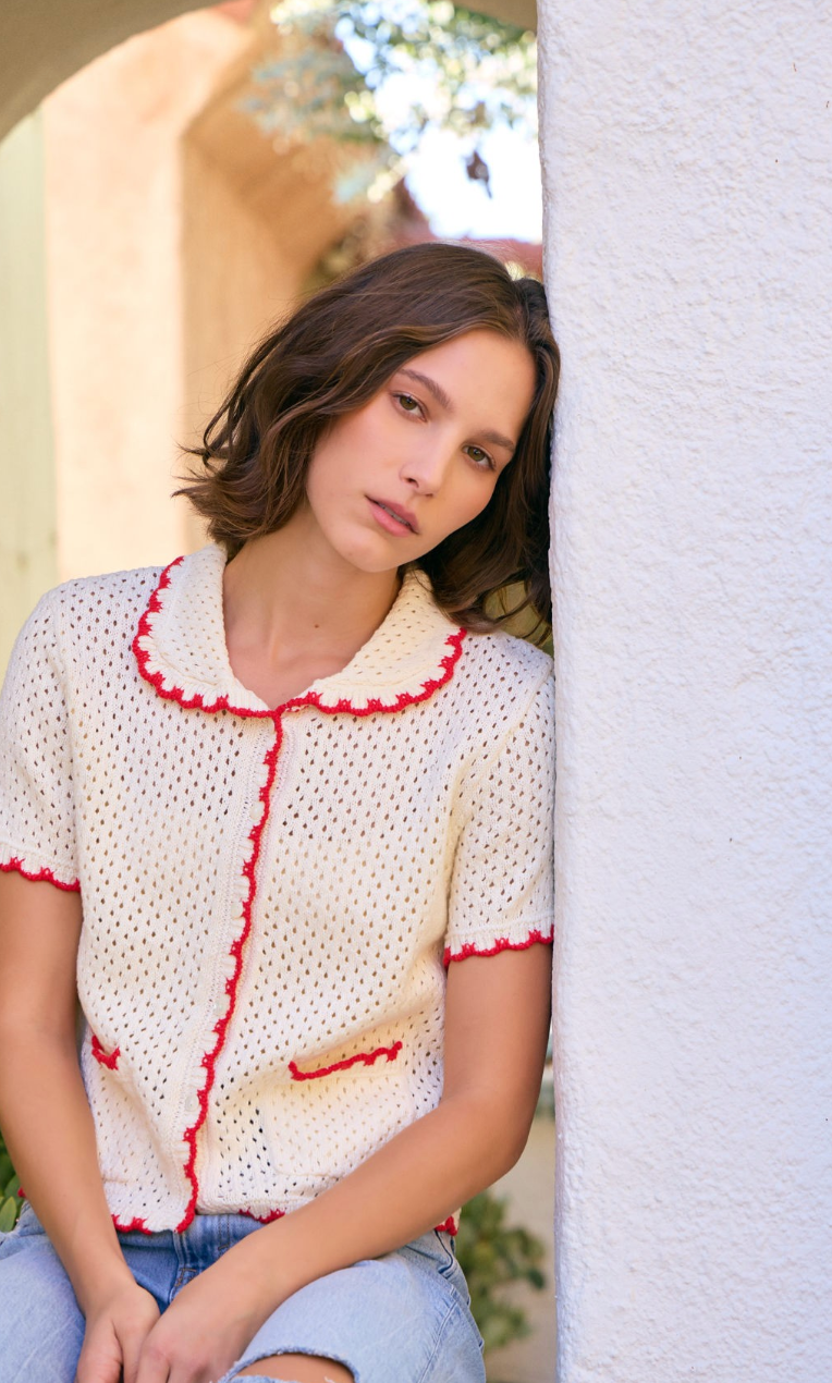 Scallop Edge Sweater Ivory/Red