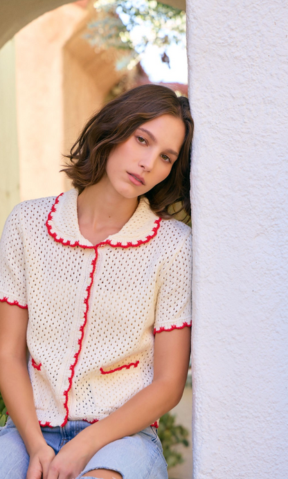 Scallop Edge Sweater Ivory/Red