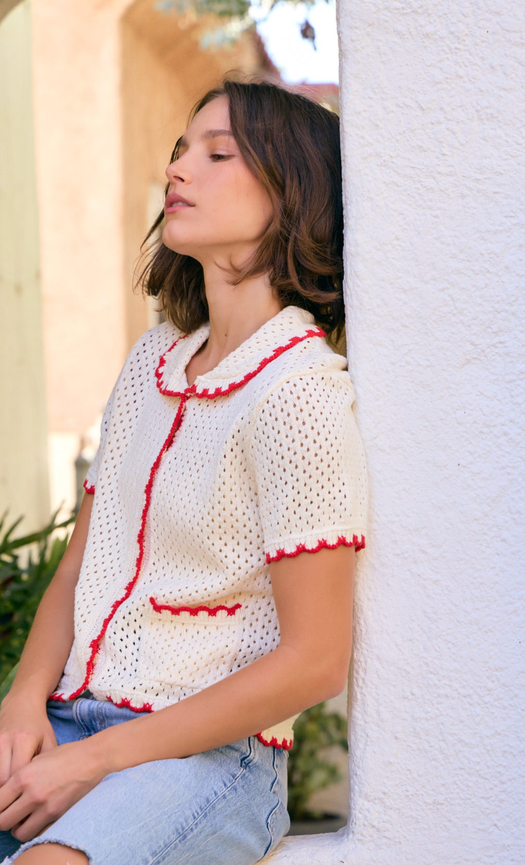 Scallop Edge Sweater Ivory/Red