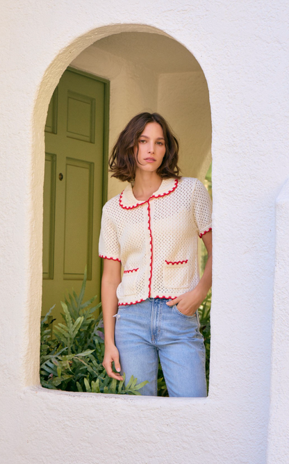 Scallop Edge Sweater Ivory/Red