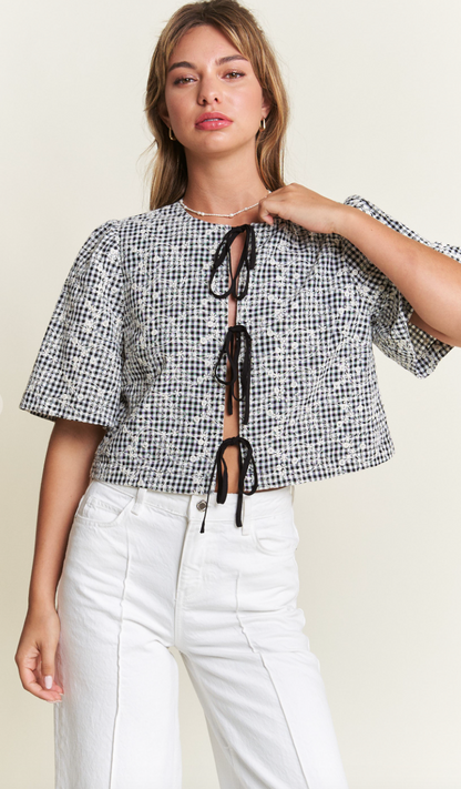 Embroidered Tie Front Blouse