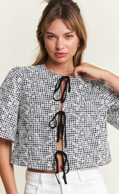 Embroidered Tie Front Blouse