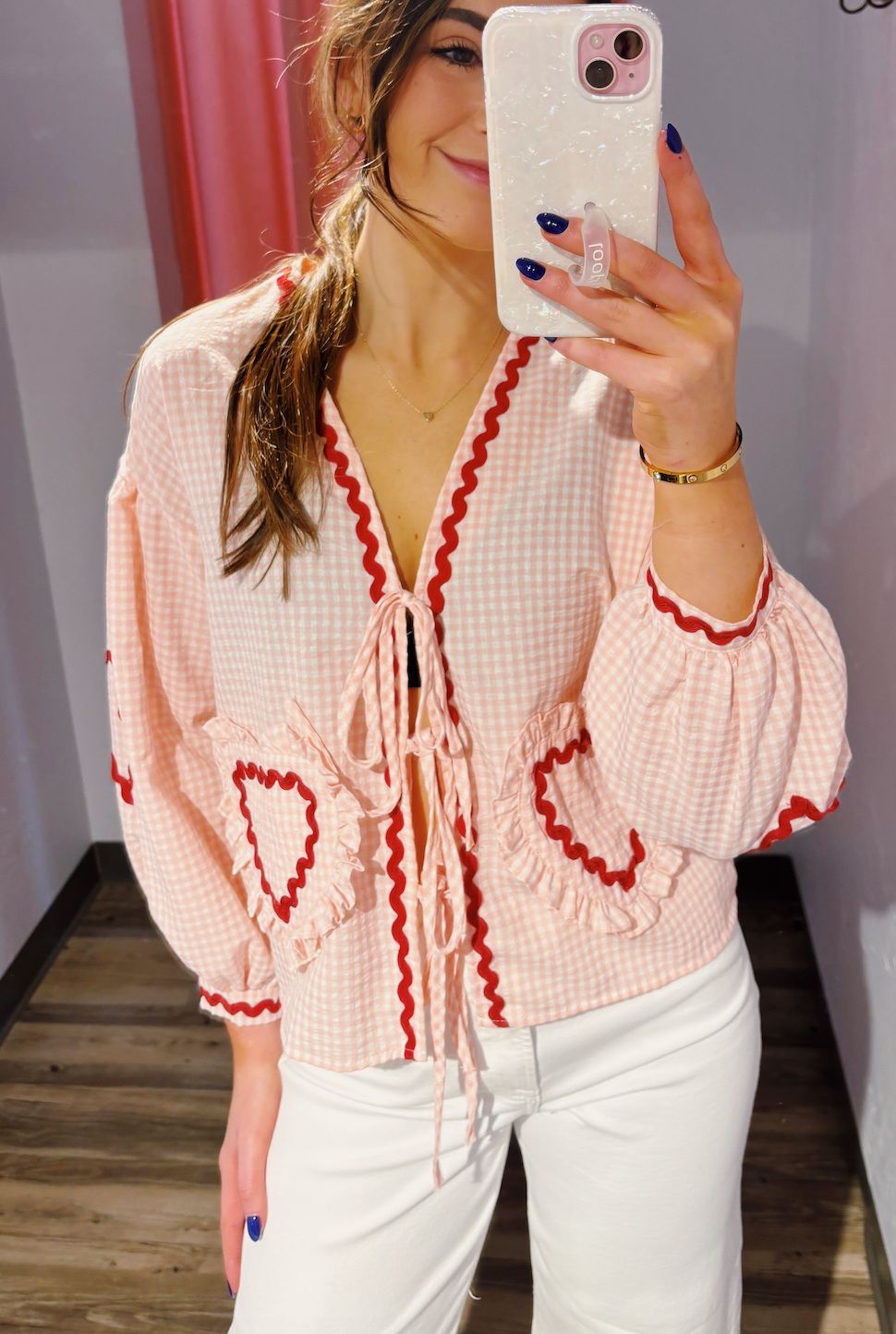 Plaid Heart Pocket Tie Top Pink