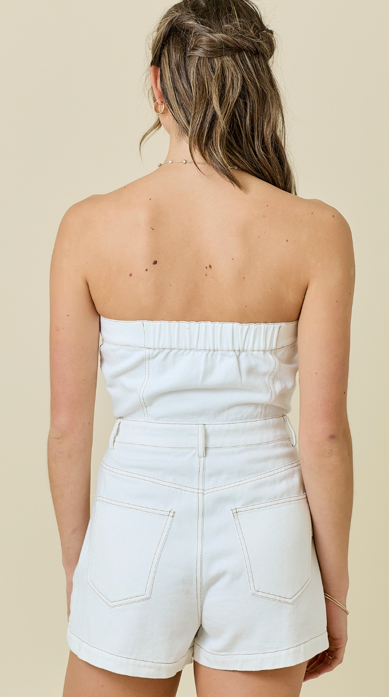 White Strapless Denim Romper