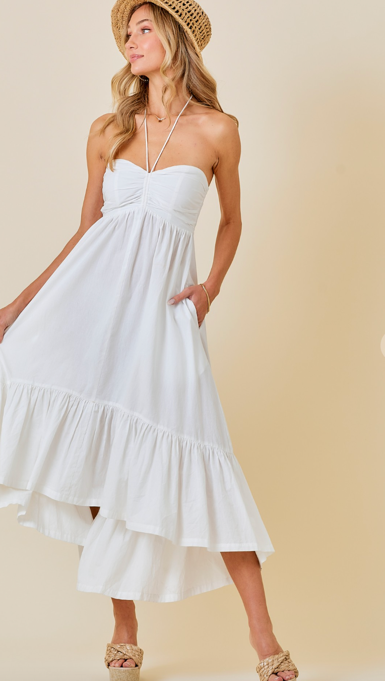 Ruffle Hem Halter Dress White