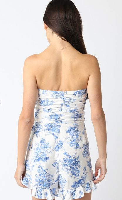 Evelyn Blue Floral Strapless Romper