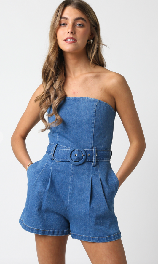 Strapless Belted Romper Denim