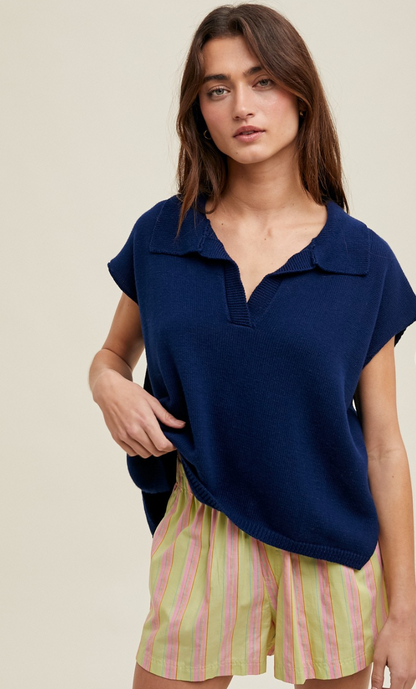 Julie Collared Knit Top Navy