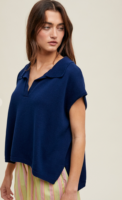 Julie Collared Knit Top Navy