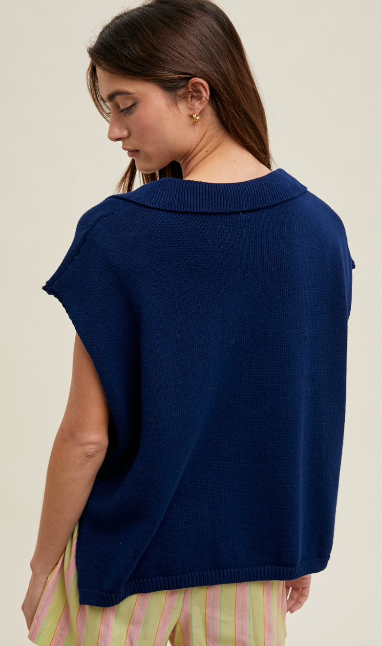 Julie Collared Knit Top Navy