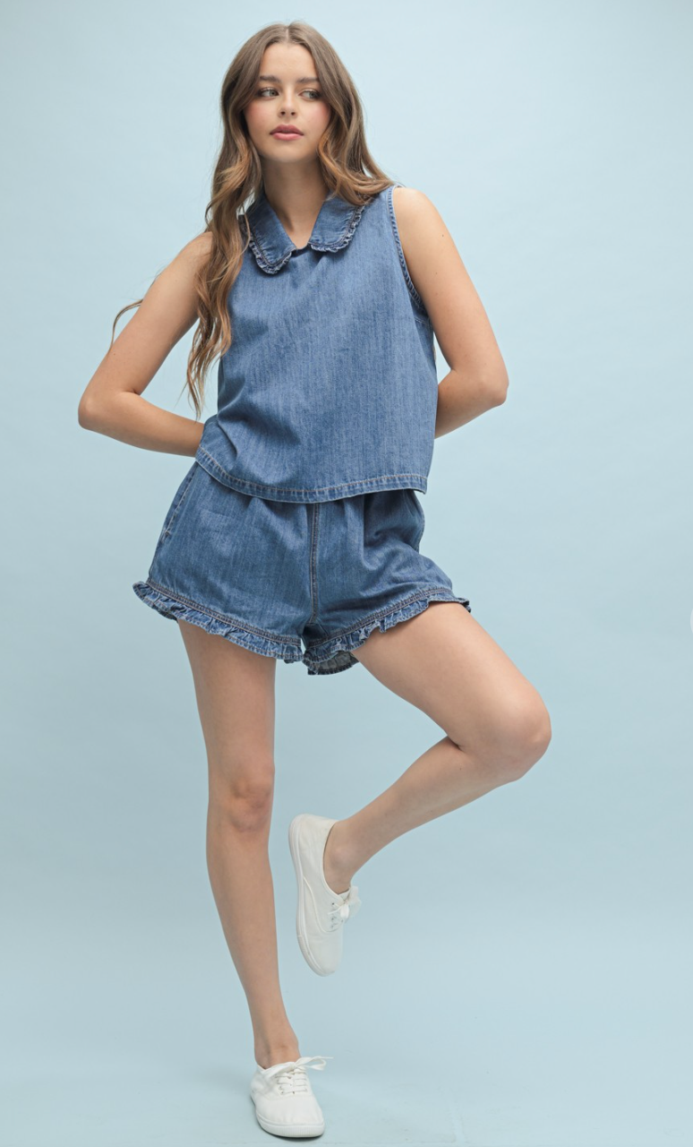 Denim Collared Top & Shorts Set of 2