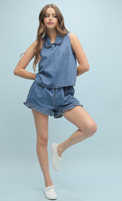 Denim Collared Top & Shorts Set of 2