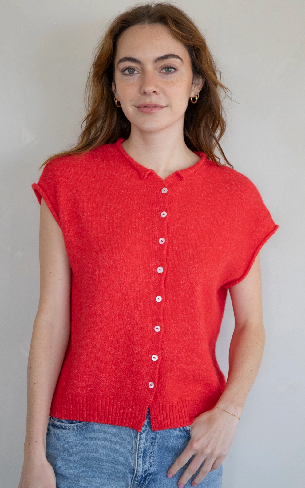 Short Sleeve Button Sweater Red