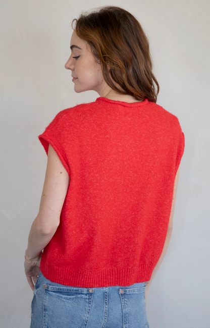 Short Sleeve Button Sweater Red