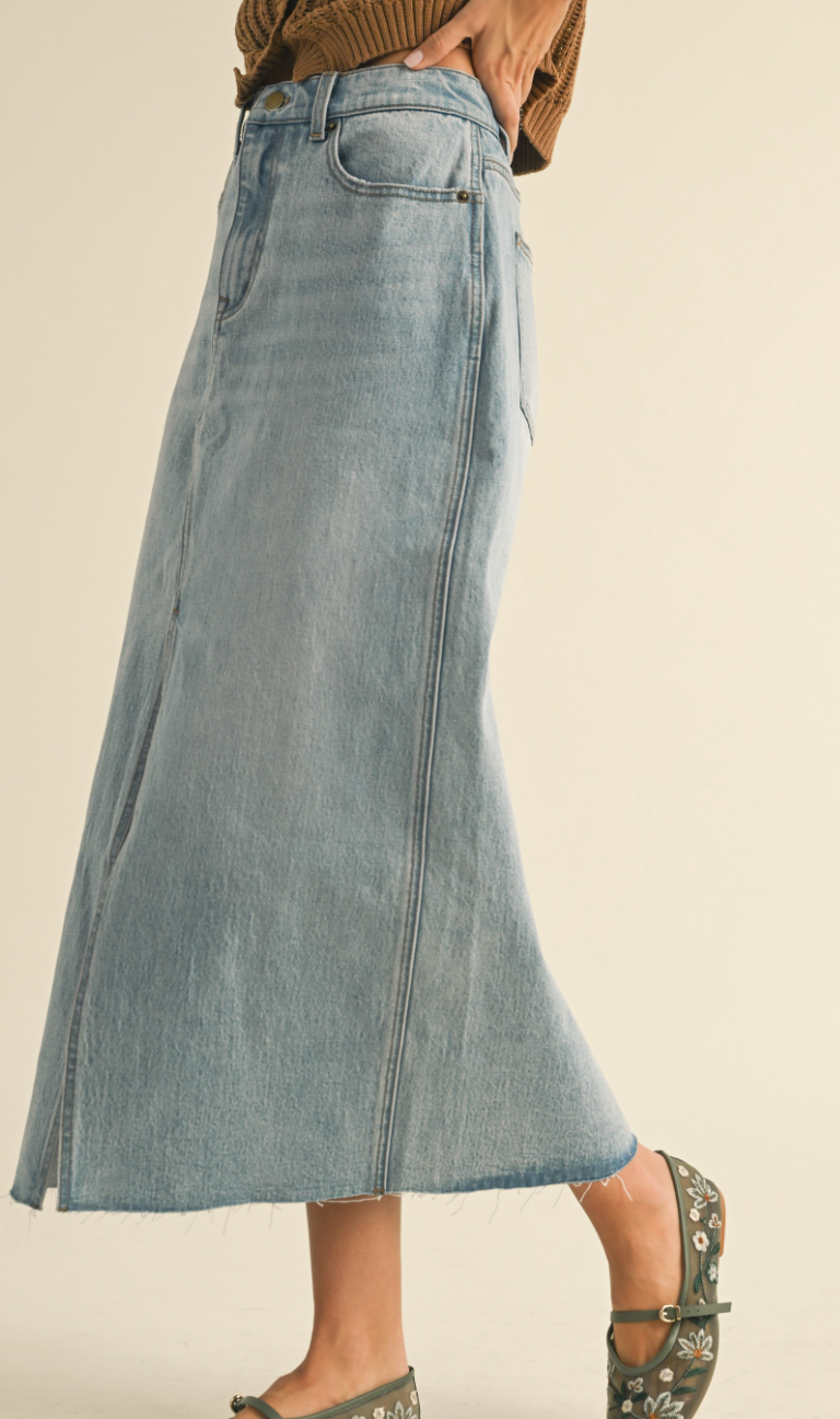 Slit Front Denim Midi Skirt