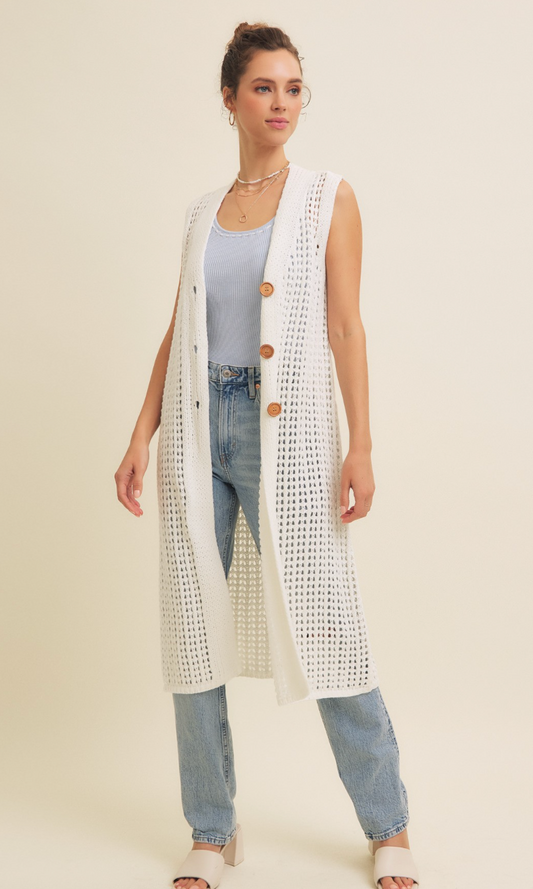 Knit Midi Vest Cardigan White