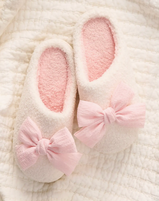 Bow Fuzzy Slippers - Pink