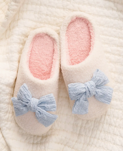 Bow Fuzzy Slippers - Blue