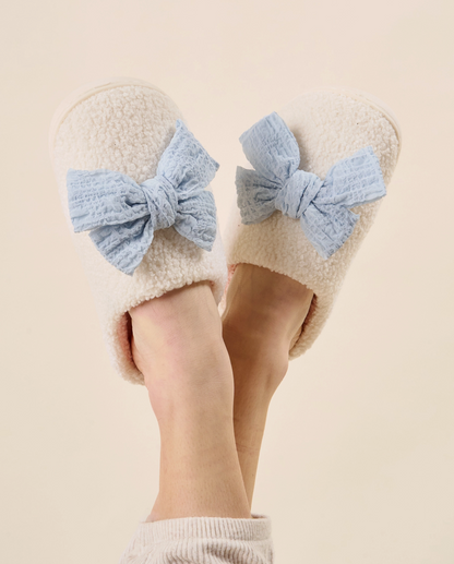 Bow Fuzzy Slippers - Blue