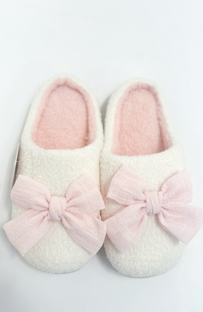 Bow Fuzzy Slippers - Pink