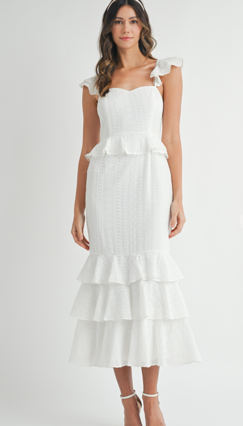 White Eyelet Midi Ruffle Dress