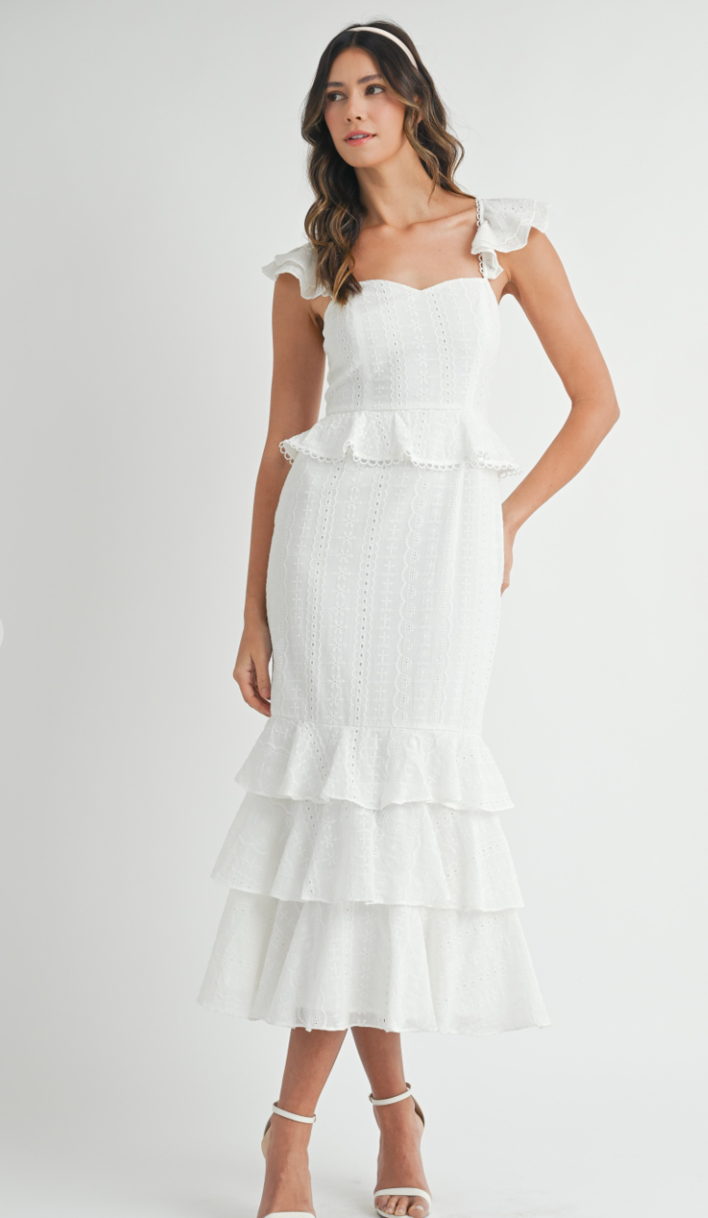 White Eyelet Midi Ruffle Dress