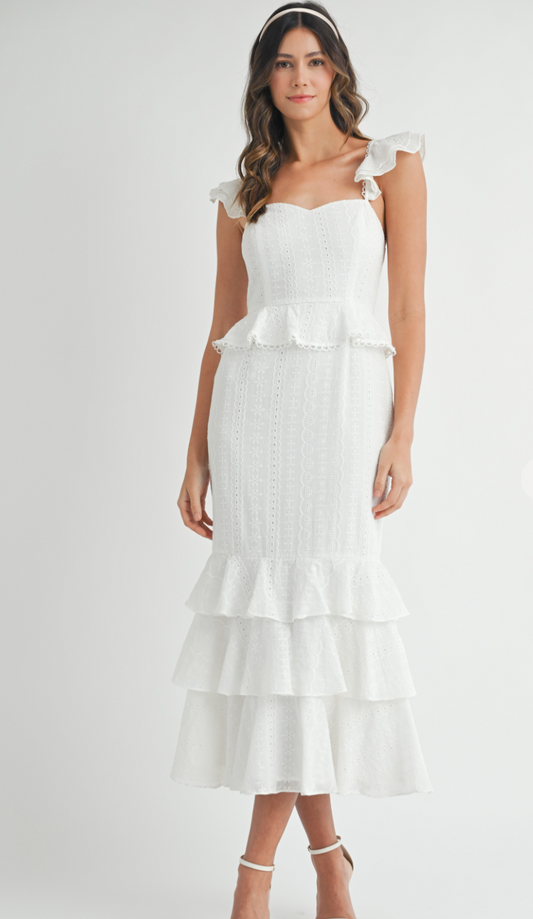 White Eyelet Midi Ruffle Dress