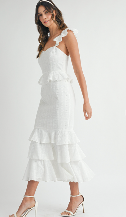 White Eyelet Midi Ruffle Dress