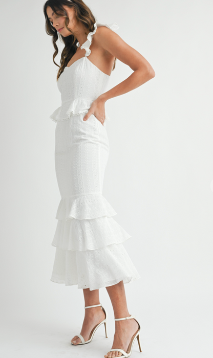 White Eyelet Midi Ruffle Dress