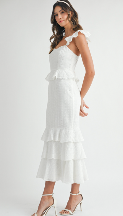 White Eyelet Midi Ruffle Dress