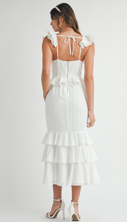 White Eyelet Midi Ruffle Dress