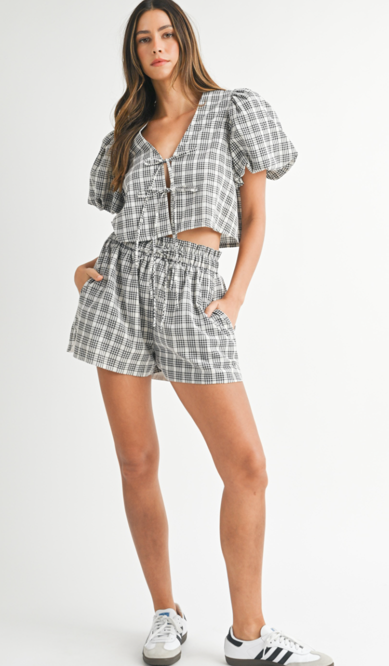 Black Plaid Blouse & Shorts Set of 2