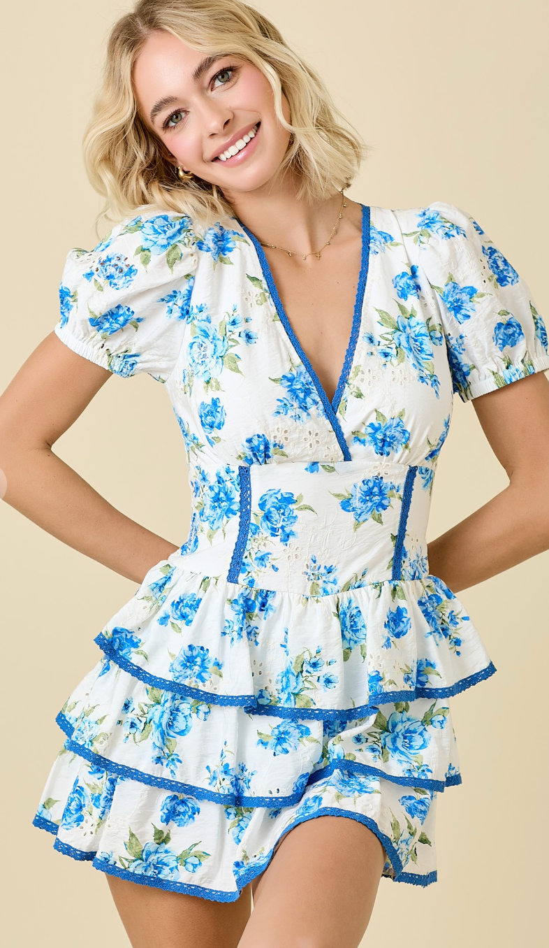 Blue Floral Eyelet Romper Dress