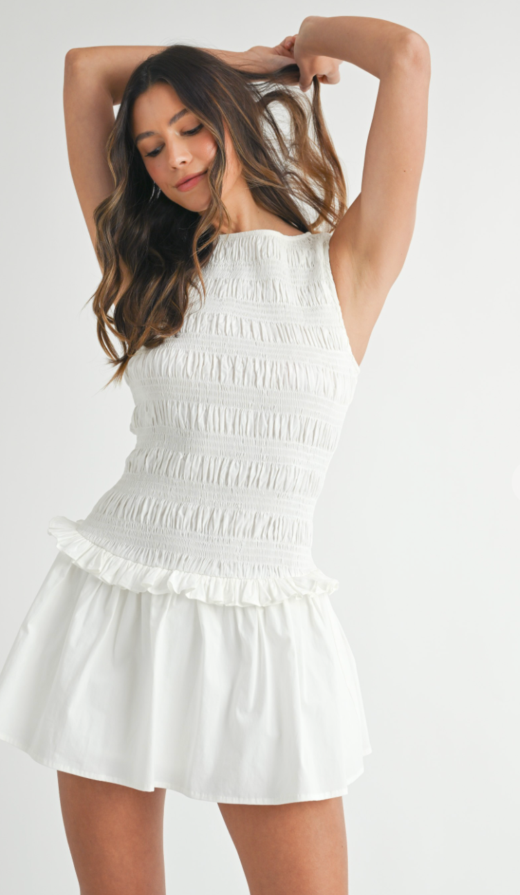 Smocked Waist Dress White