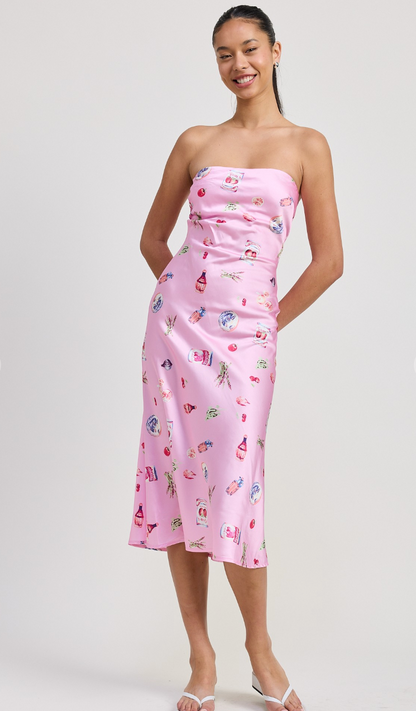 Picnic Print Satin Strapless Dress