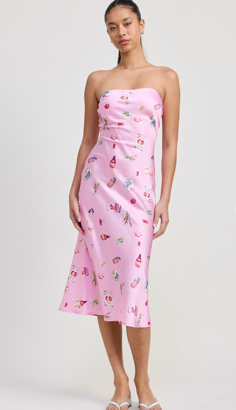 Picnic Print Satin Strapless Dress