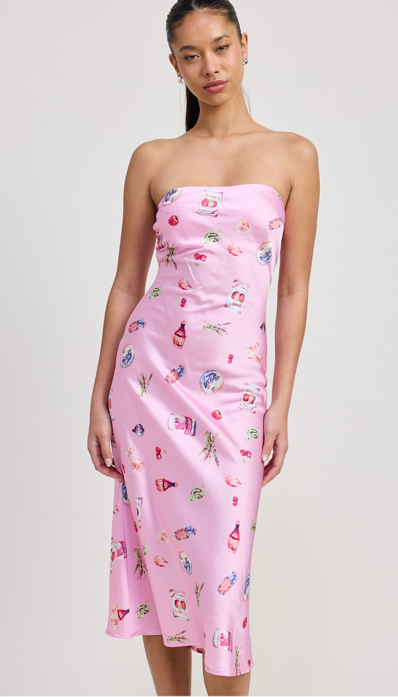 Picnic Print Satin Strapless Dress