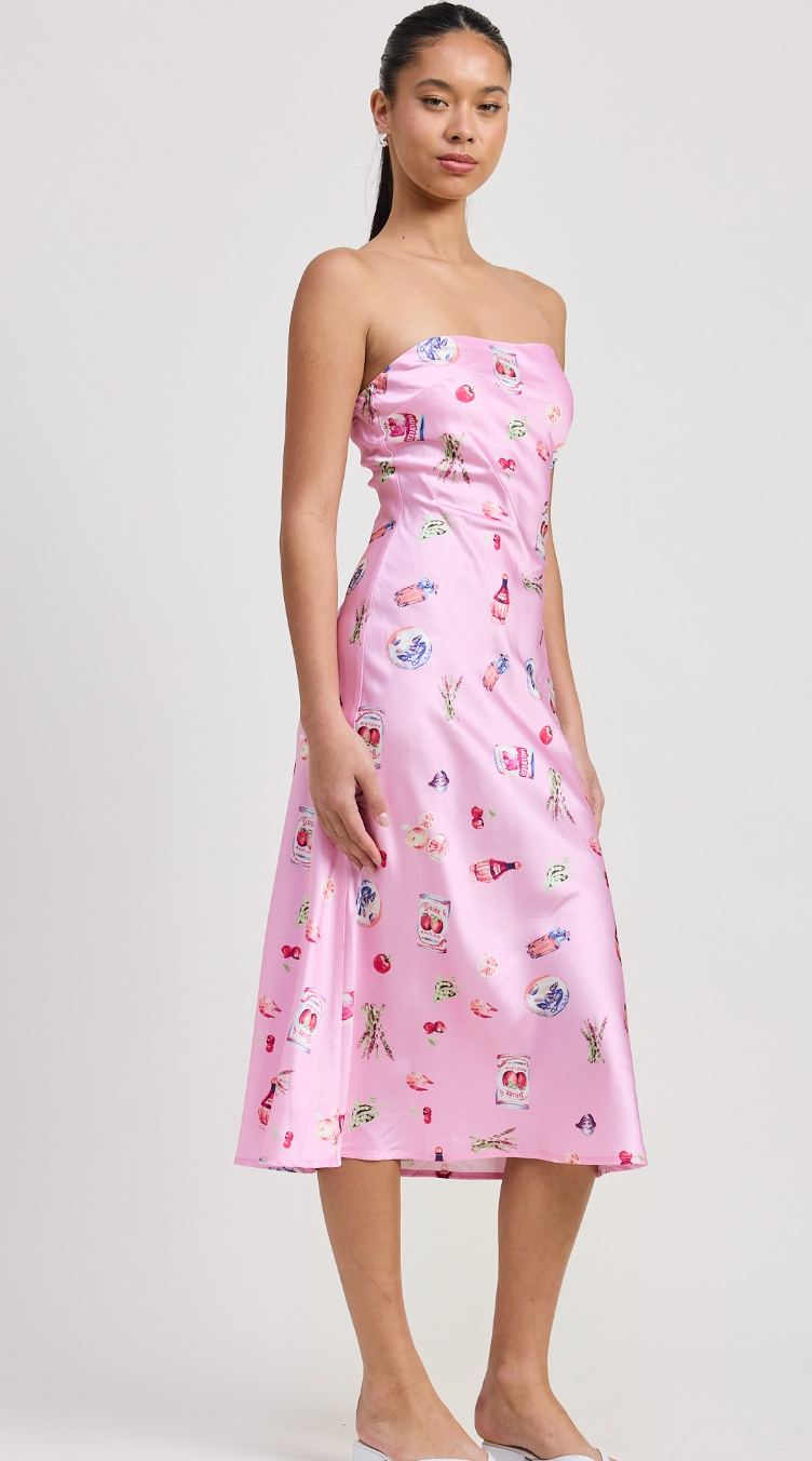 Picnic Print Satin Strapless Dress