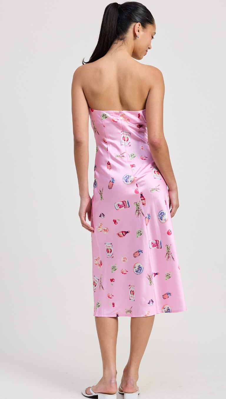 Picnic Print Satin Strapless Dress