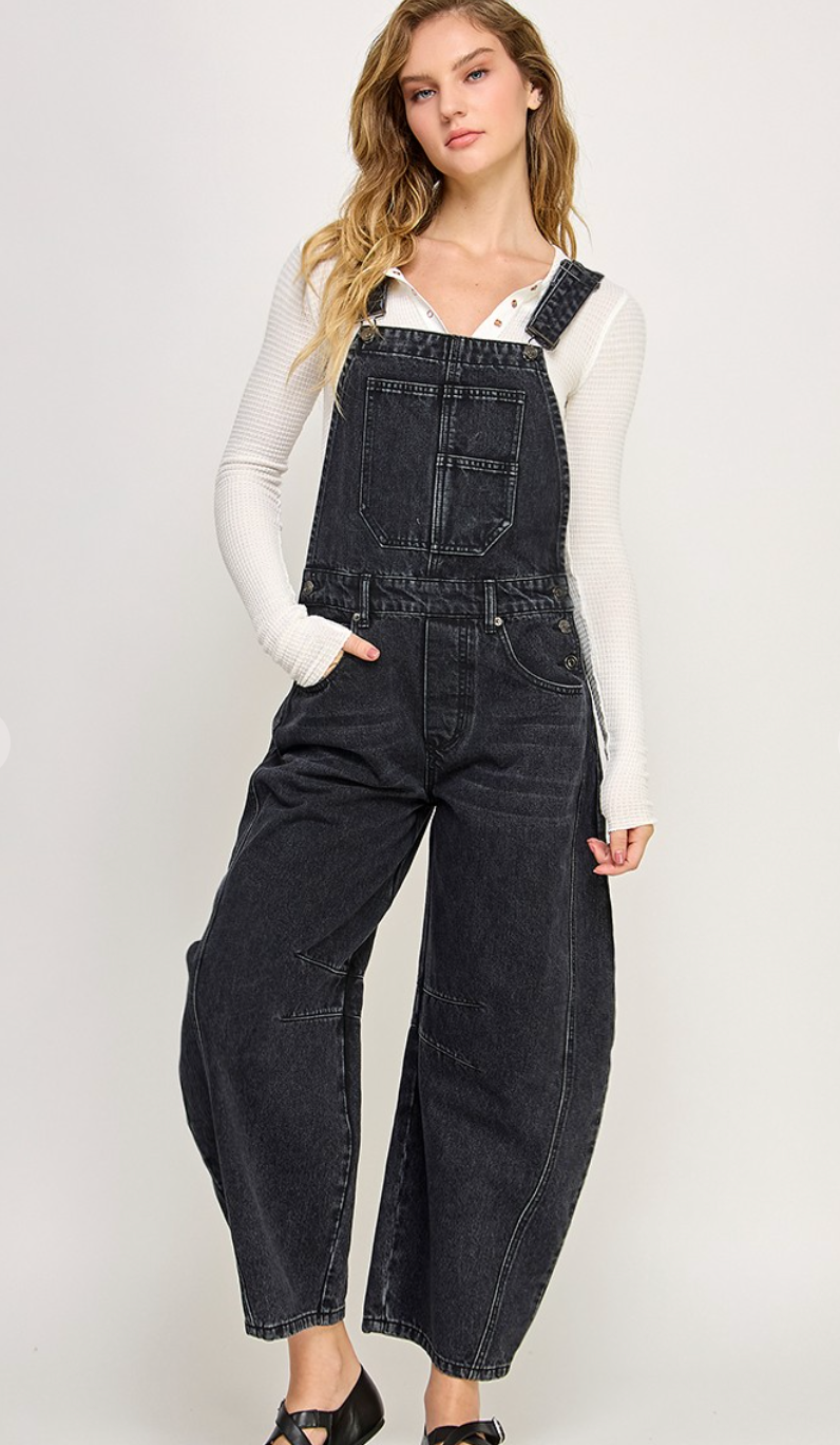 Black Denim Barrel Overalls